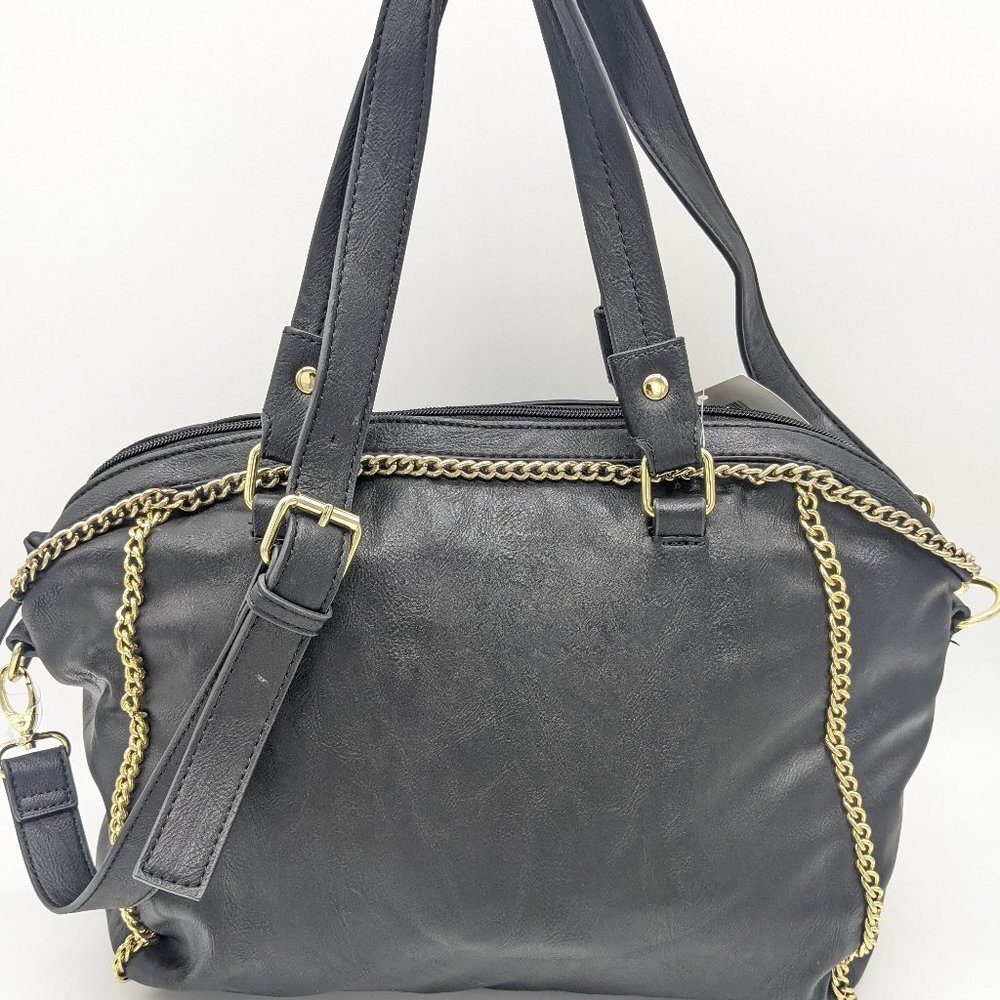 STEVE MADDEN Cheney faux-leather chain accent women's satchel crossbody BLACK
